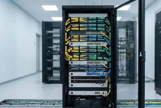 Baie de brassage fibre et équipements réseau en armoire technique